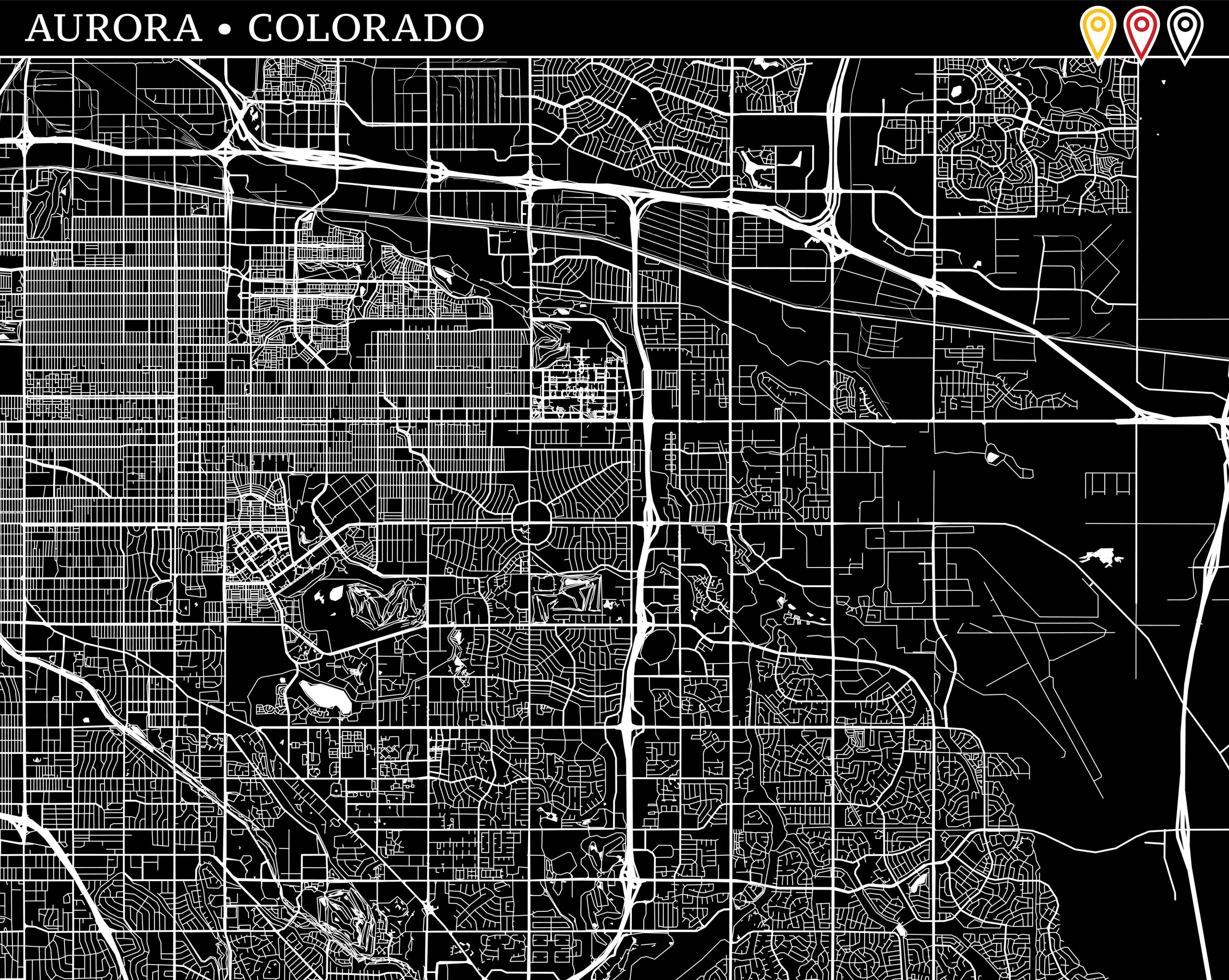 Simple map of Aurora, Colorado, USA. Black and white version for clean backgrounds and prints. This map of Aurora contains three markers who are grouped and can be moved separetly in vector version.
