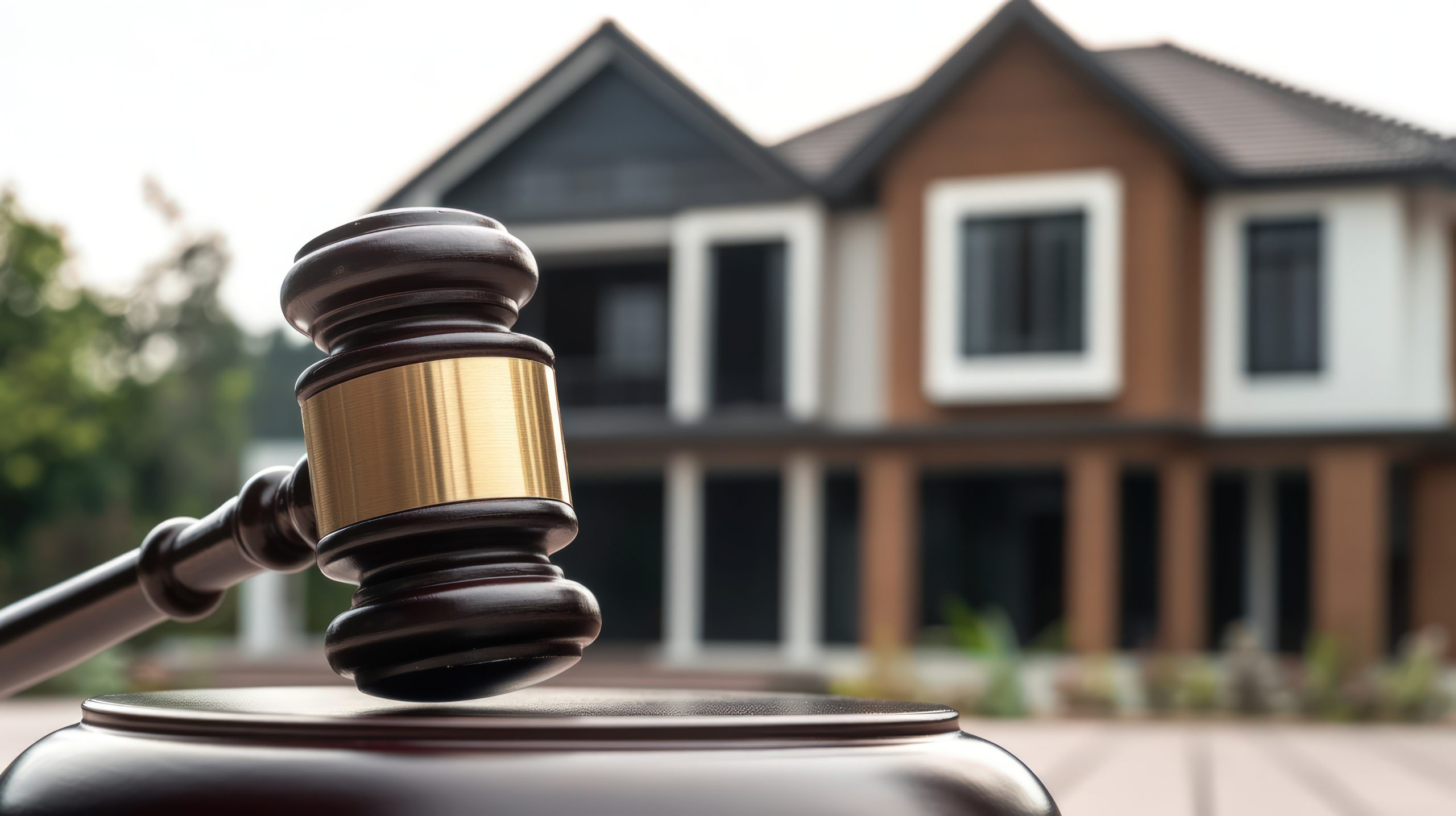 A wooden gavel with a gold band stands on a block in front of a suburban home, signifying a real estate auction or legal proceedings.